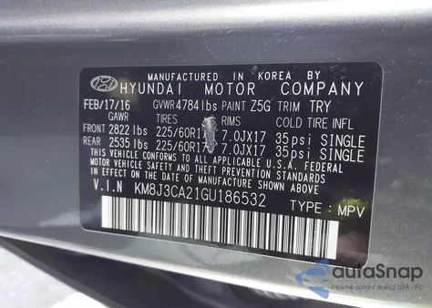 2016 Hyundai Tucson Eco from USA, damaged, VIN KM8J3CA21GU186532